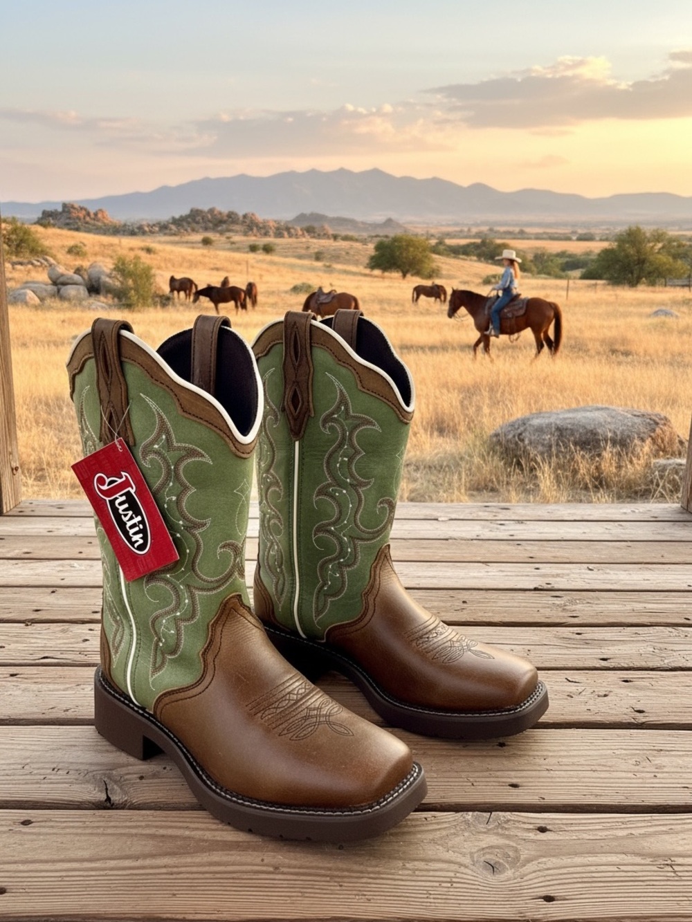 Justin Boots Brown Foot with Green Shaft Men's Western Work Boots